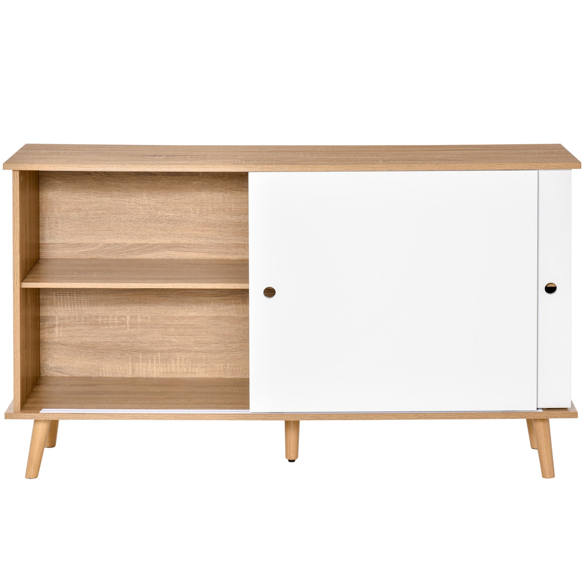 Kitchen Sideboard Buffet for Living Room with 2 Sliding Doors Adjustable Interior Shelves and Wooden Legs 130x40x74.5 cm Natural and White