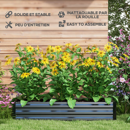 Rectangular Garden Planting Box made of Steel with Safety Edge and Open Bottom, Dimensions 150L x 70W x 30H cm, Black