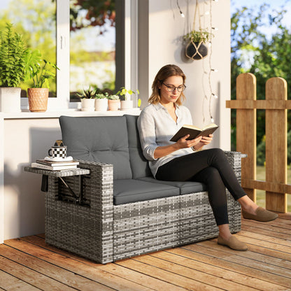 2-Seater Outdoor Rattan Sofa with Cushions — Convertible, Fold-Out Side Trays, Weather-Resistant, Light Grey Synthetic Rattan
