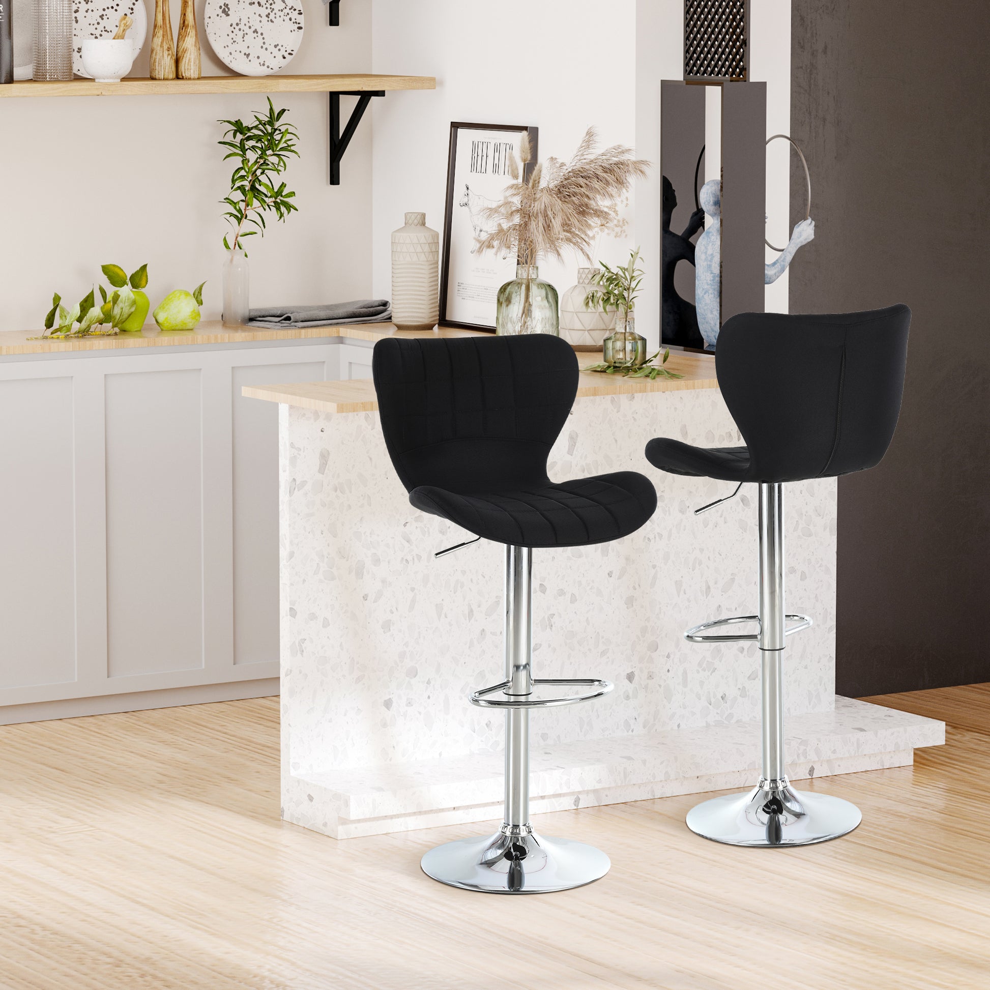 Set of 2 Contemporary Design Bar Stools Adjustable Seat Height 59-81 cm 360° Swivel Linen Black