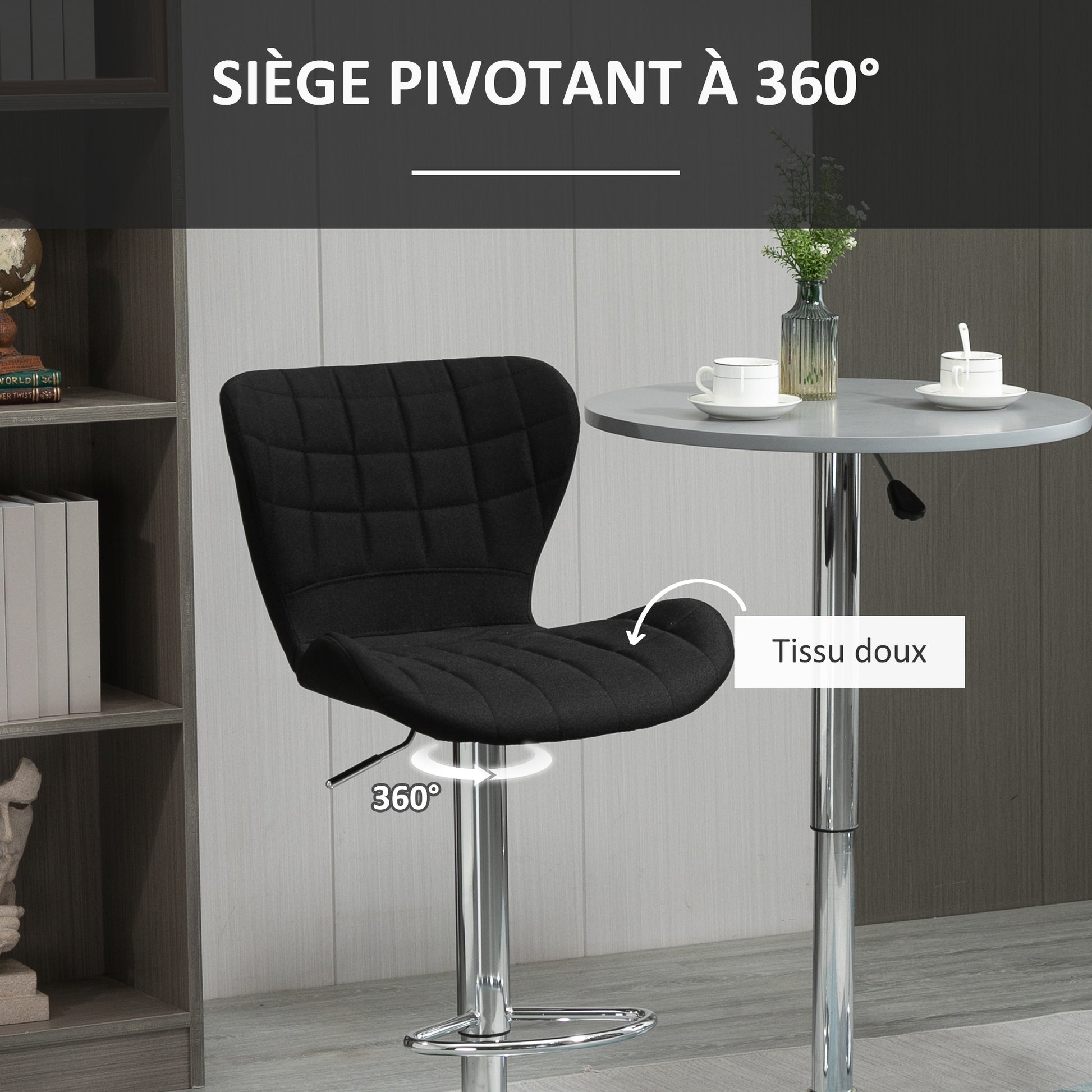 Set of 2 Contemporary Design Bar Stools Adjustable Seat Height 59-81 cm 360° Swivel Linen Black