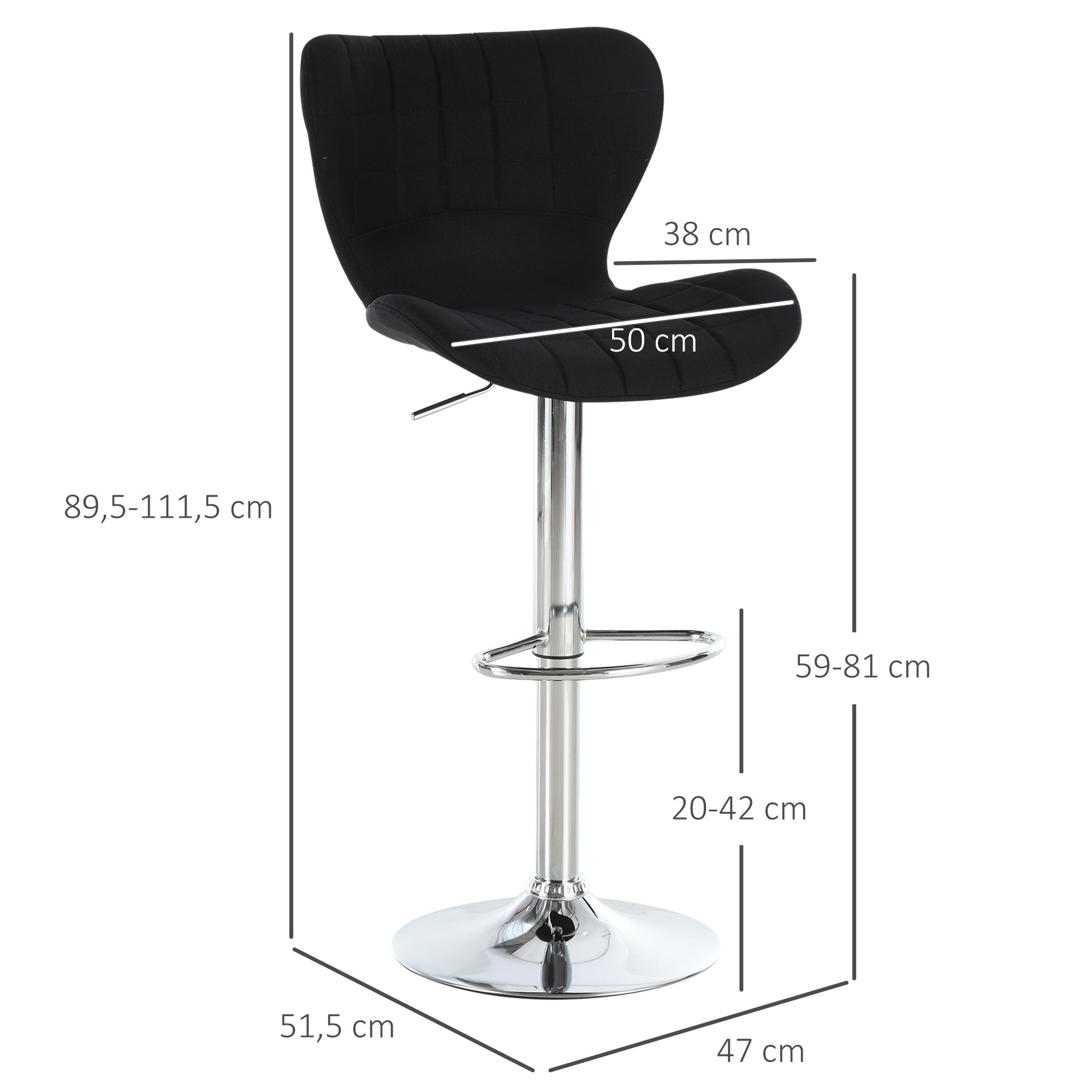 Set of 2 Contemporary Design Bar Stools Adjustable Seat Height 59-81 cm 360° Swivel Linen Black