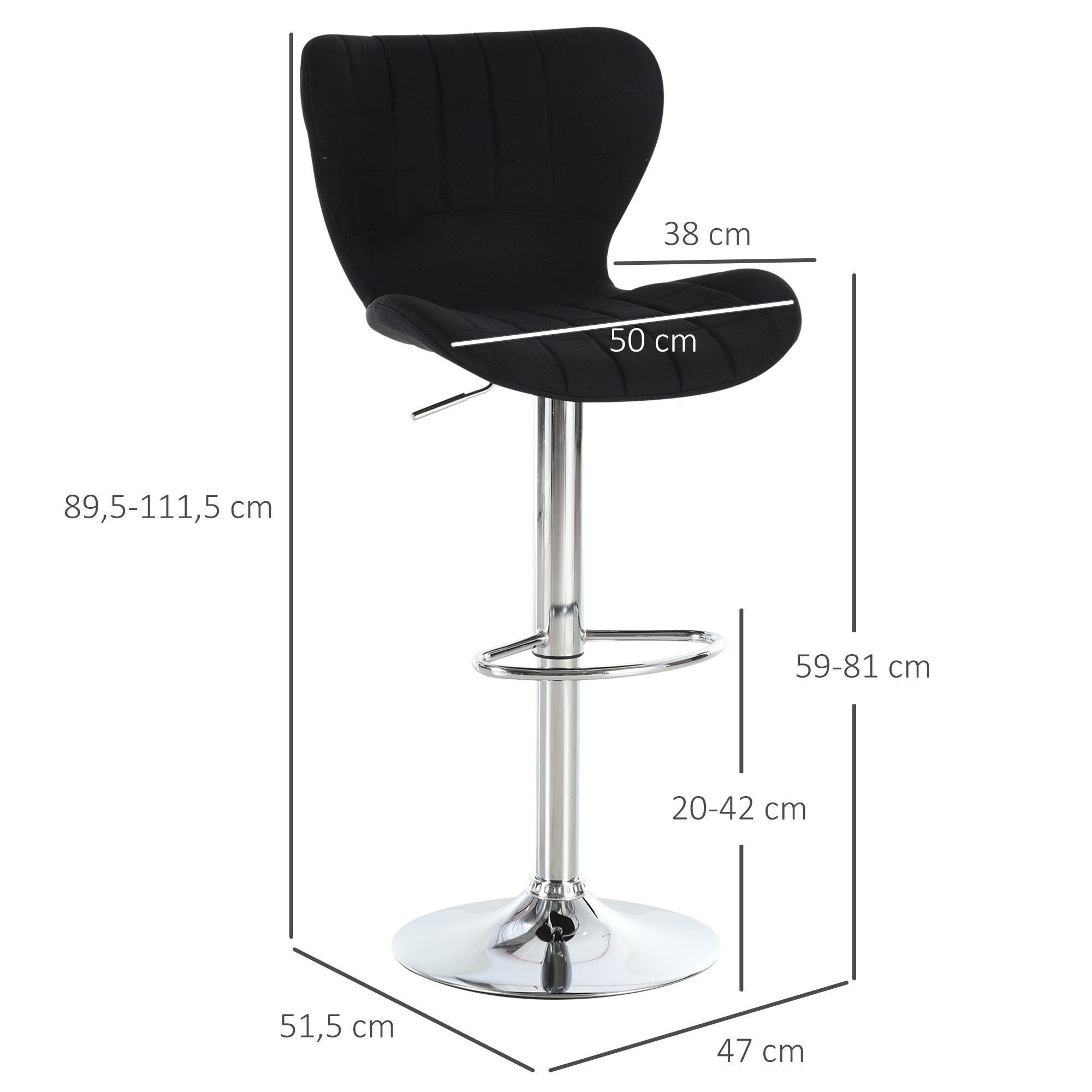 Set of 2 Contemporary Design Bar Stools Adjustable Seat Height 59-81 cm 360° Swivel Linen Black