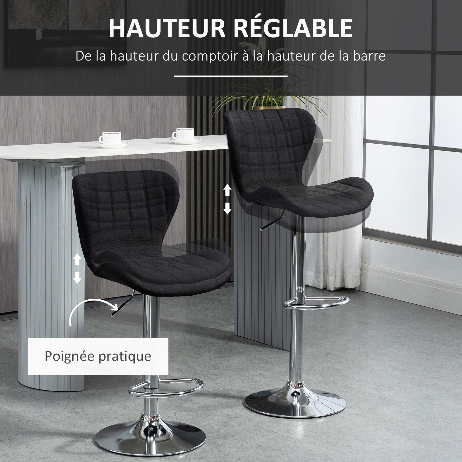 Set of 2 Contemporary Design Bar Stools Adjustable Seat Height 59-81 cm 360° Swivel Linen Black