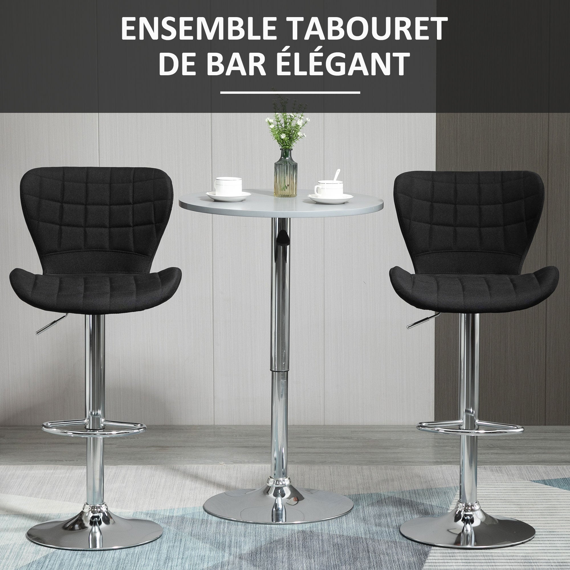 Set of 2 Contemporary Design Bar Stools Adjustable Seat Height 59-81 cm 360° Swivel Linen Black