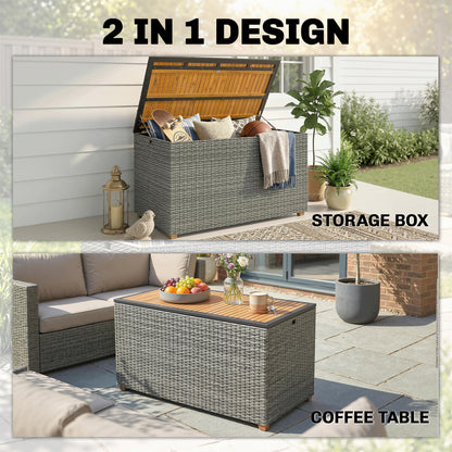 2-in-1 Outdoor Rattan Storage Box 450 L — Waterproof Cushion Box with FSC Acacia Wood Lid, Gas Strut, Lined Interior, UV & Weather Resistant, Dark Gray