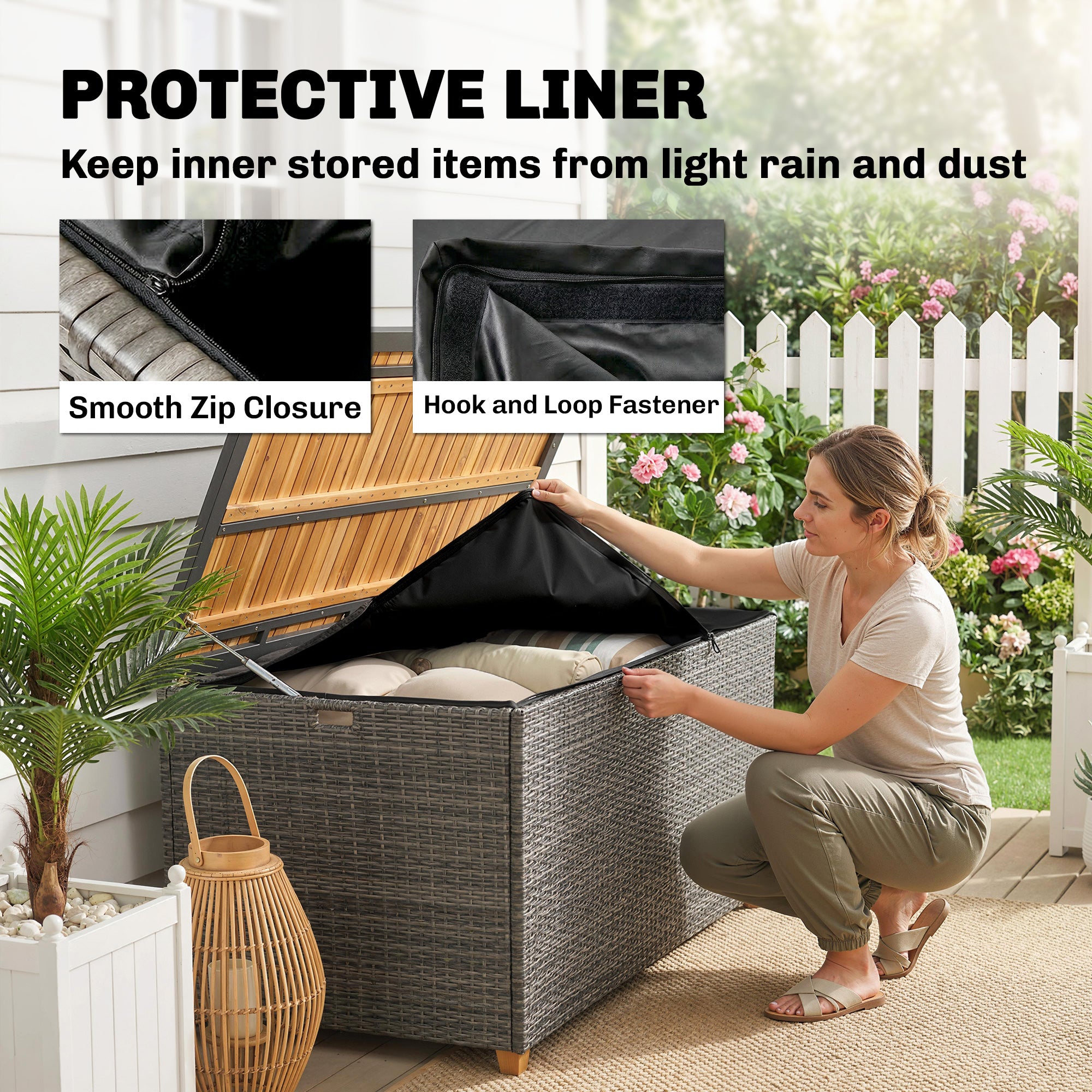 2-in-1 Outdoor Rattan Storage Box 450 L — Waterproof Cushion Box with FSC Acacia Wood Lid, Gas Strut, Lined Interior, UV & Weather Resistant, Dark Gray
