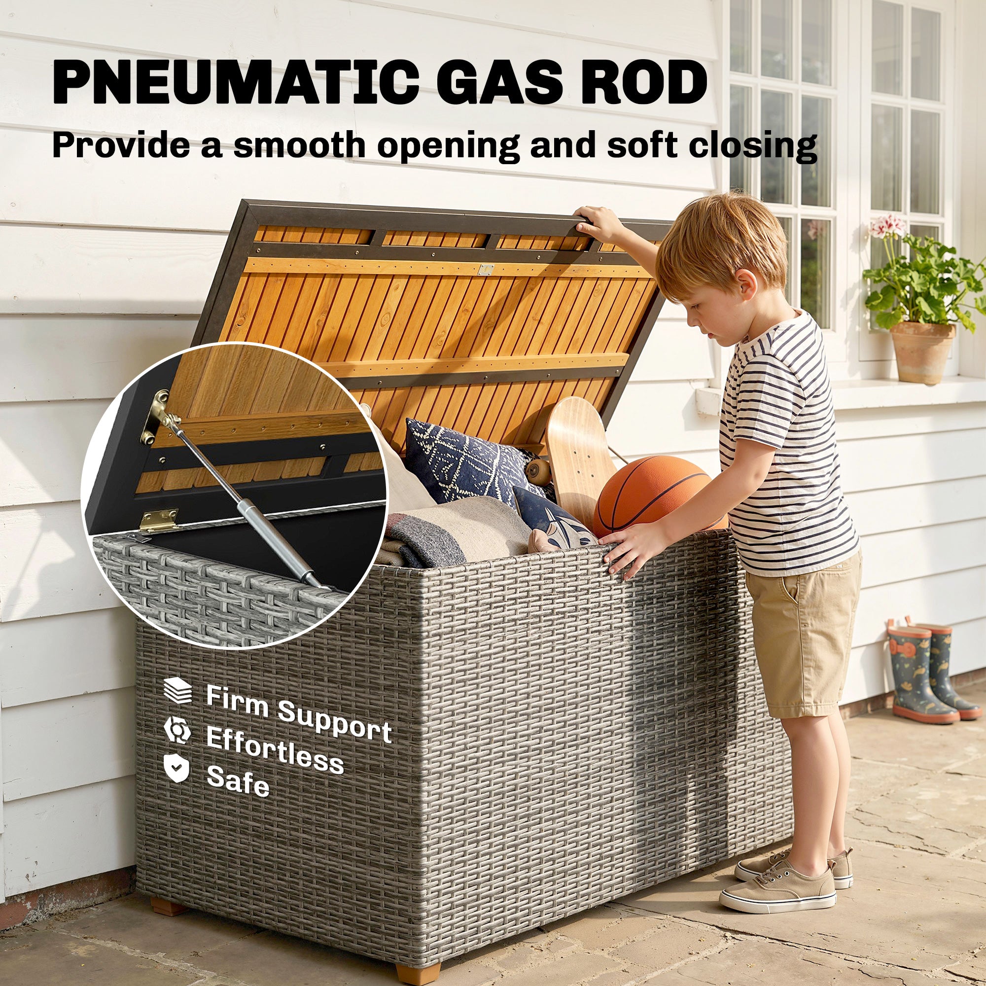 2-in-1 Outdoor Rattan Storage Box 450 L — Waterproof Cushion Box with FSC Acacia Wood Lid, Gas Strut, Lined Interior, UV & Weather Resistant, Dark Gray