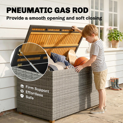 2-in-1 Outdoor Rattan Storage Box 450 L — Waterproof Cushion Box with FSC Acacia Wood Lid, Gas Strut, Lined Interior, UV & Weather Resistant, Dark Gray