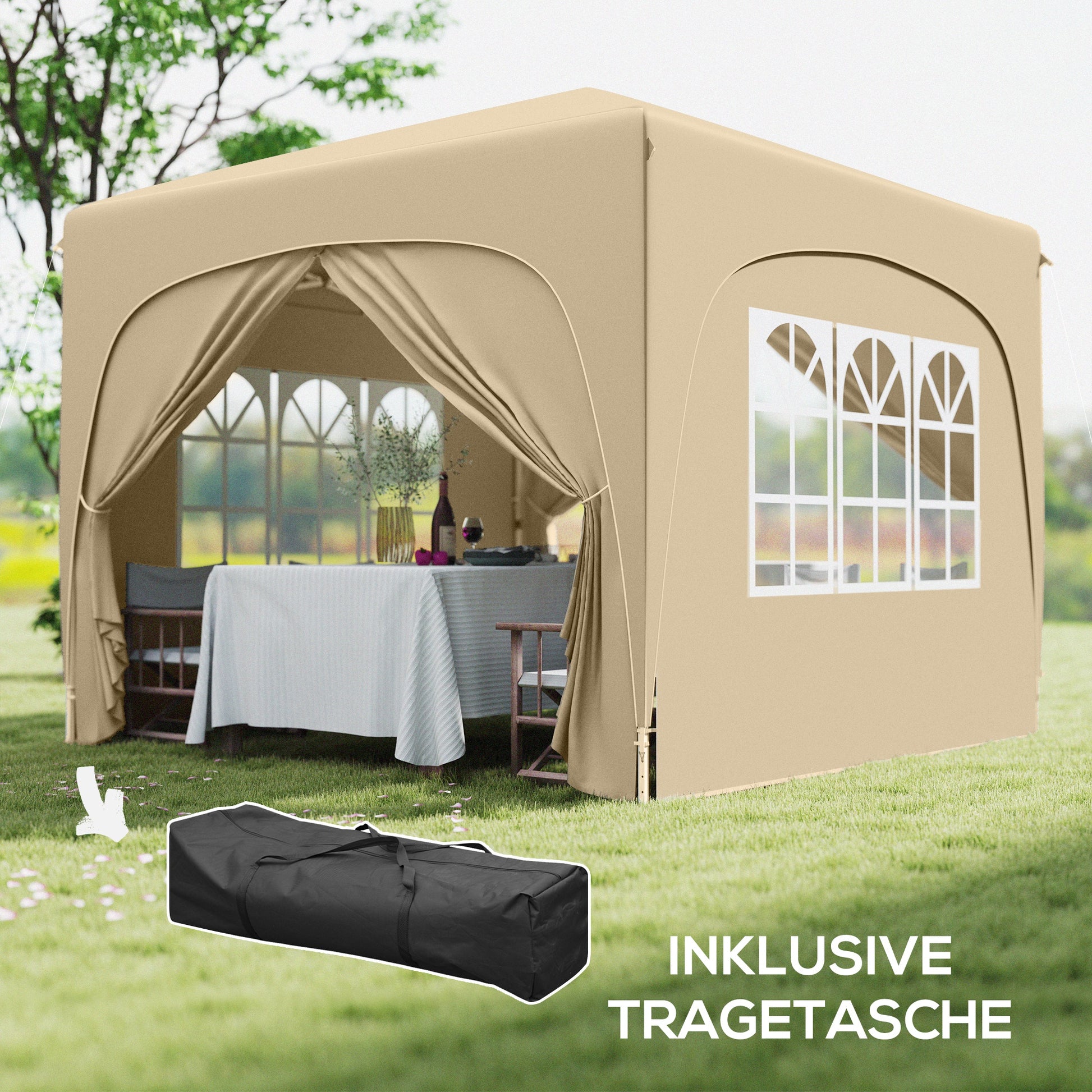 Pavilion 3x3m, Water-Resistant Stable Winterproof Pop-Up Folding Pavilion, UV Protection 50+, Foldable Party Tent Garden Tent with 4 Side Panels Bag Garden Pavilion for Camping Garden, Sand