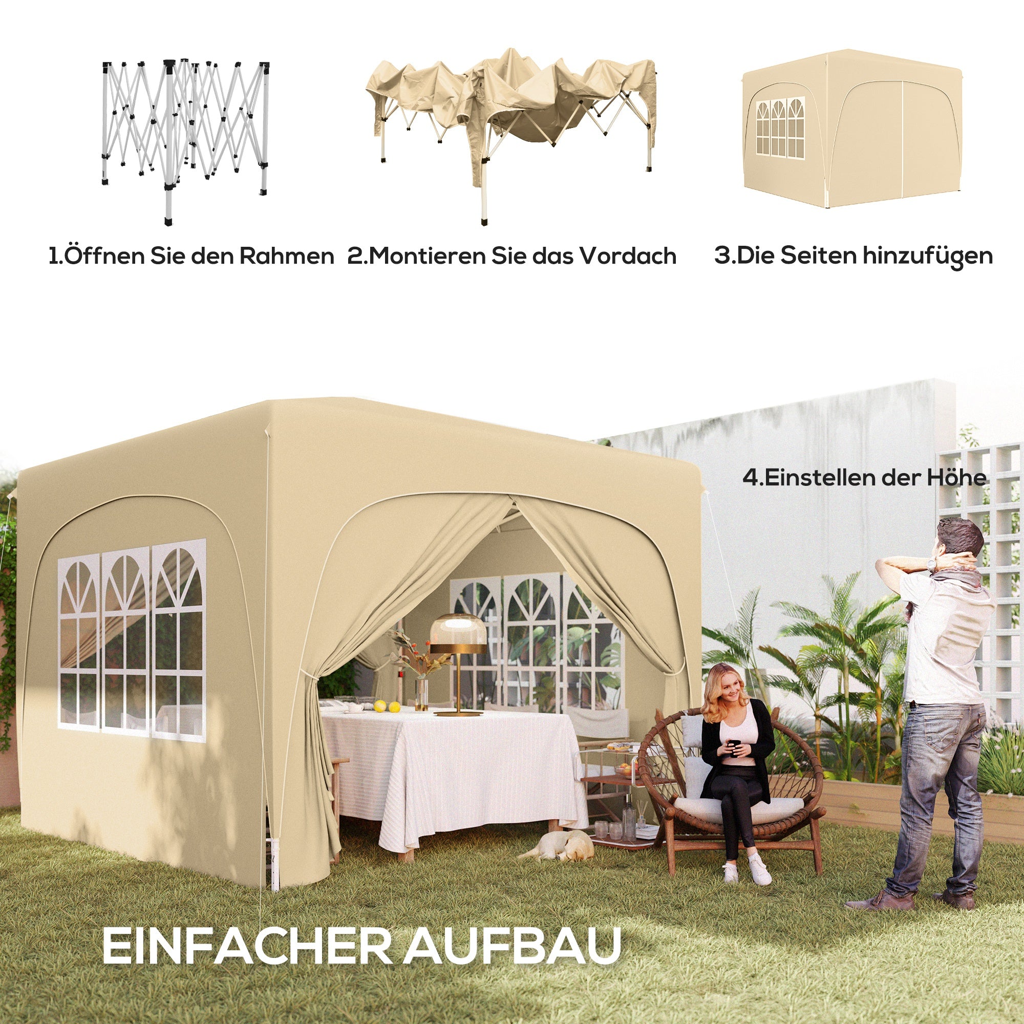 Pavilion 3x3m, Water-Resistant Stable Winterproof Pop-Up Folding Pavilion, UV Protection 50+, Foldable Party Tent Garden Tent with 4 Side Panels Bag Garden Pavilion for Camping Garden, Sand