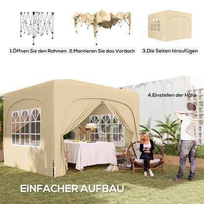 Pavilion 3x3m, Water-Resistant Stable Winterproof Pop-Up Folding Pavilion, UV Protection 50+, Foldable Party Tent Garden Tent with 4 Side Panels Bag Garden Pavilion for Camping Garden, Sand