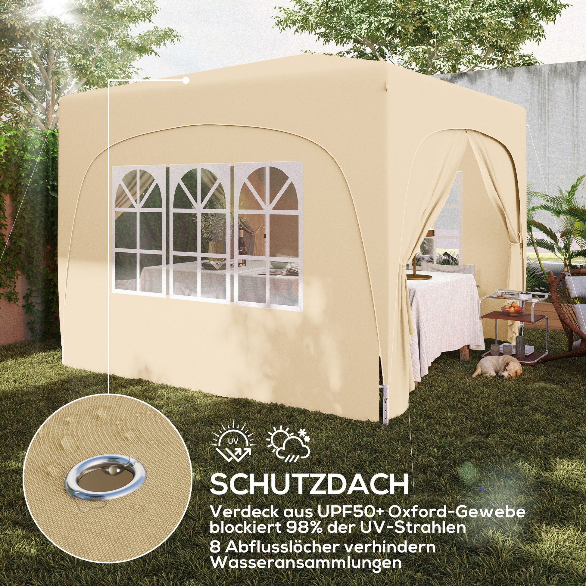 Pavilion 3x3m, Water-Resistant Stable Winterproof Pop-Up Folding Pavilion, UV Protection 50+, Foldable Party Tent Garden Tent with 4 Side Panels Bag Garden Pavilion for Camping Garden, Sand