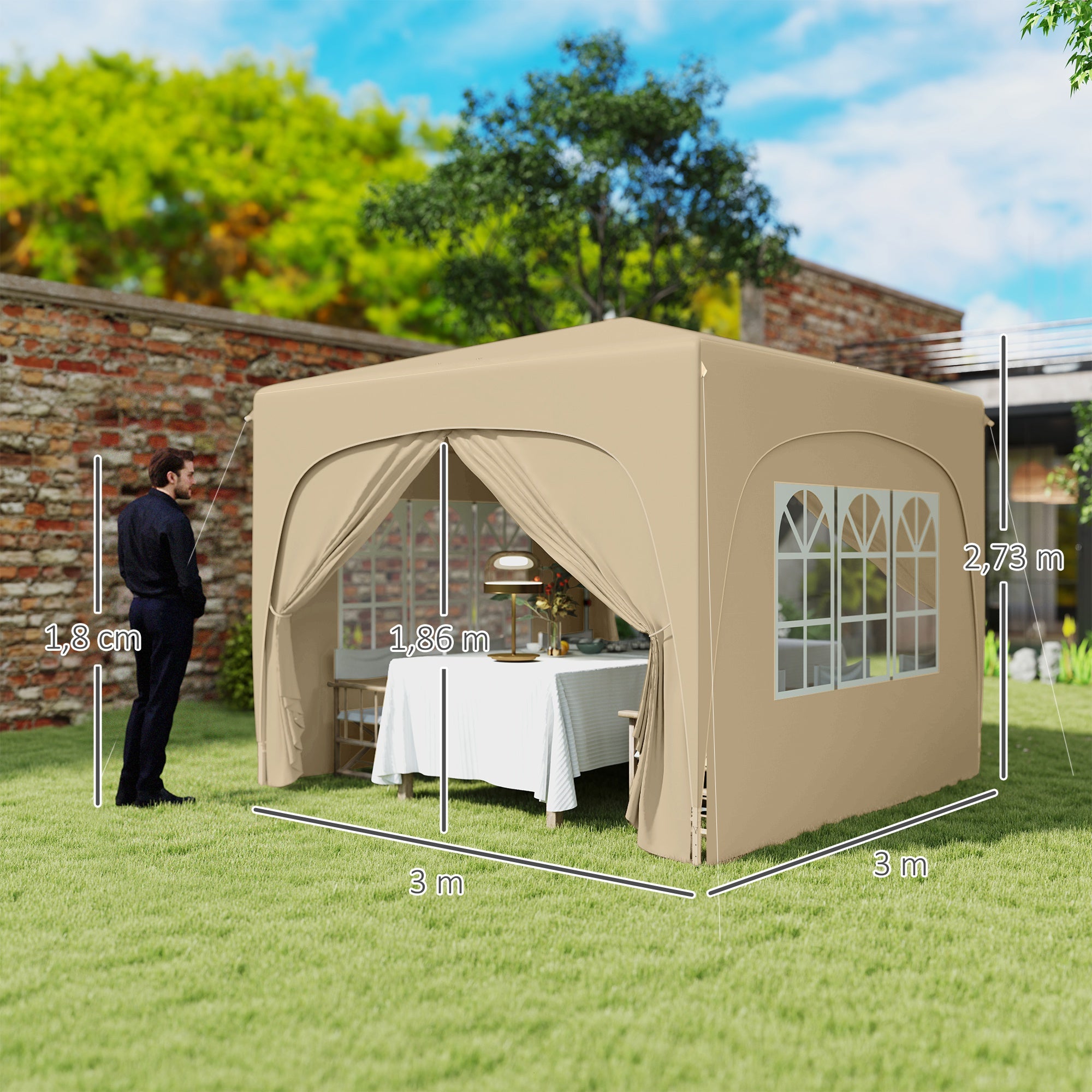 Pavilion 3x3m, Water-Resistant Stable Winterproof Pop-Up Folding Pavilion, UV Protection 50+, Foldable Party Tent Garden Tent with 4 Side Panels Bag Garden Pavilion for Camping Garden, Sand