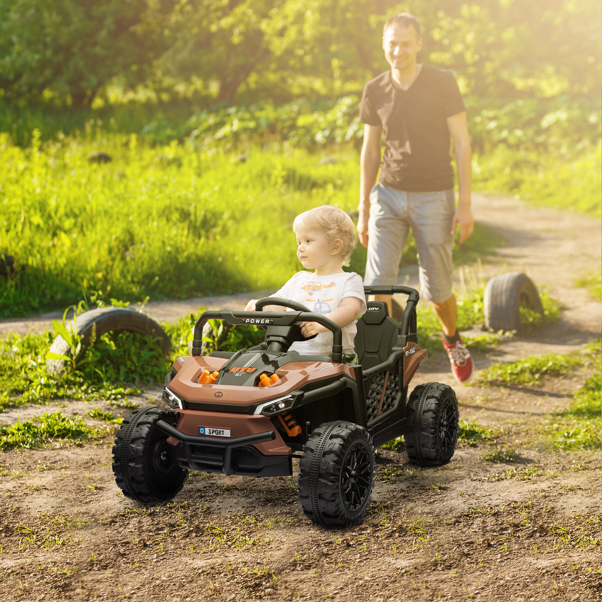 Electric Children's Car UTV, Electric Children's Buggy, with 2.4Ghz remote control, 2 12V motors, 2 speeds, music, horn, lights, for children 3-5 years old, brown