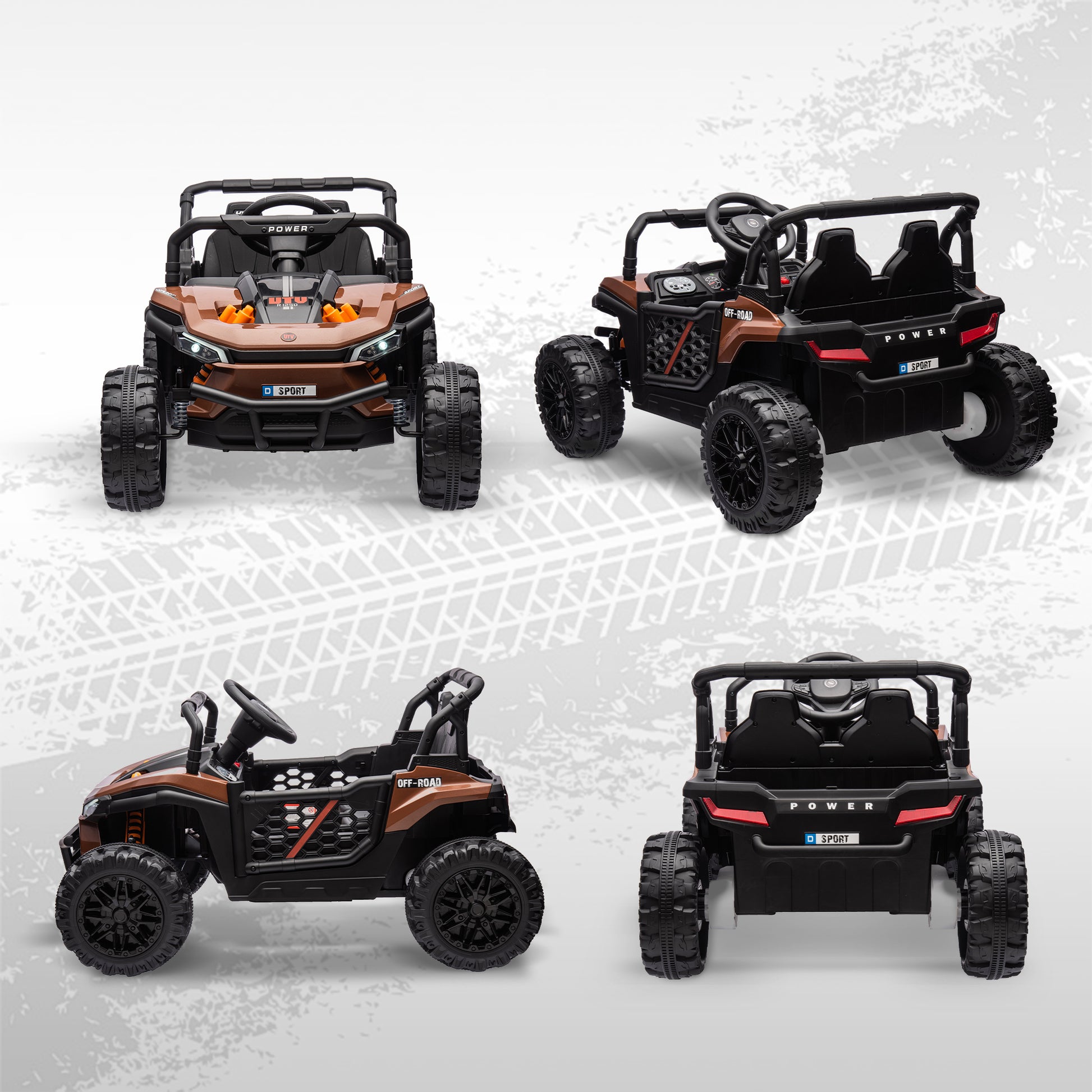 Electric Children's Car UTV, Electric Children's Buggy, with 2.4Ghz remote control, 2 12V motors, 2 speeds, music, horn, lights, for children 3-5 years old, brown