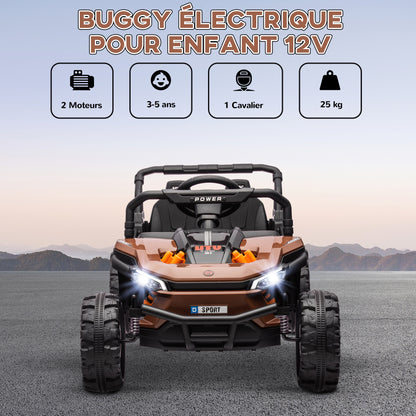 Electric Children's Car UTV, Electric Children's Buggy, with 2.4Ghz remote control, 2 12V motors, 2 speeds, music, horn, lights, for children 3-5 years old, brown