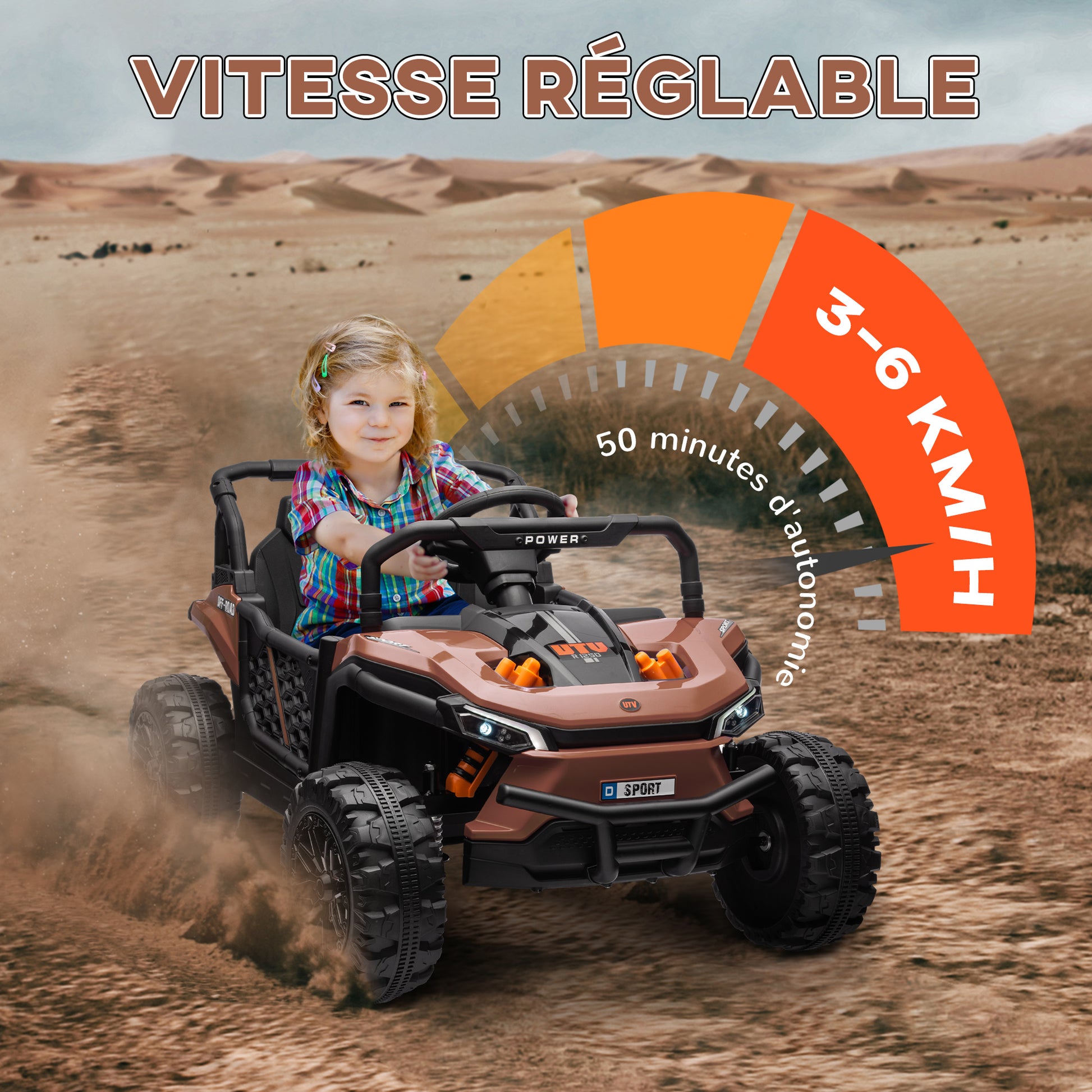 Electric Children's Car UTV, Electric Children's Buggy, with 2.4Ghz remote control, 2 12V motors, 2 speeds, music, horn, lights, for children 3-5 years old, brown