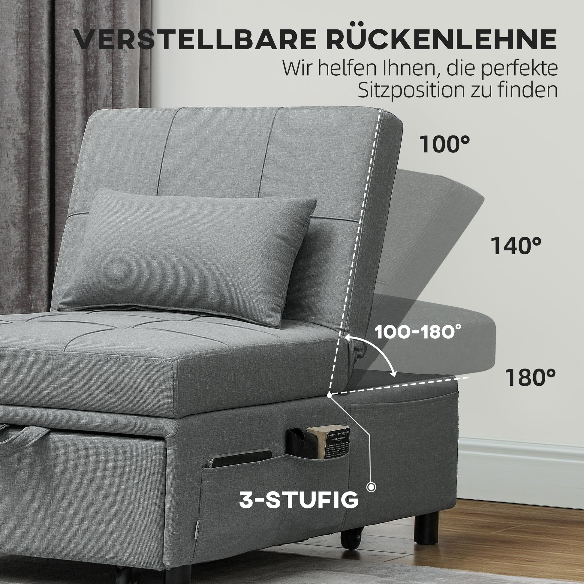 3-in-1 Sleeper Chair with Bed Function, Pull-Out Sofa Bed, Sleep Chair with Side Pocket, Adjustable Backrest, up to 150 kg Load Capacity, for Living Room, Bedroom, Light Grey