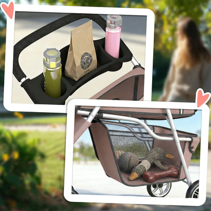 Foldable Pet Stroller for Small Dogs with Storage Basket, Mesh Windows & Cup Holder — 22 lb Capacity, 30.3 x 17.3 x 40.2 in, Brown