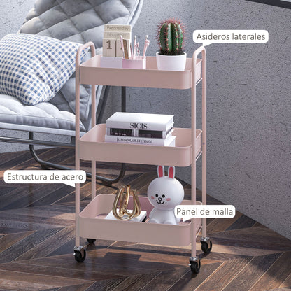Auxiliary Cart with Wheels Storage Cart with 3 Baskets and Steel Frame for Living Room Bedroom Office Kitchen 17.7"L x 12"W x 31.1"H Pink