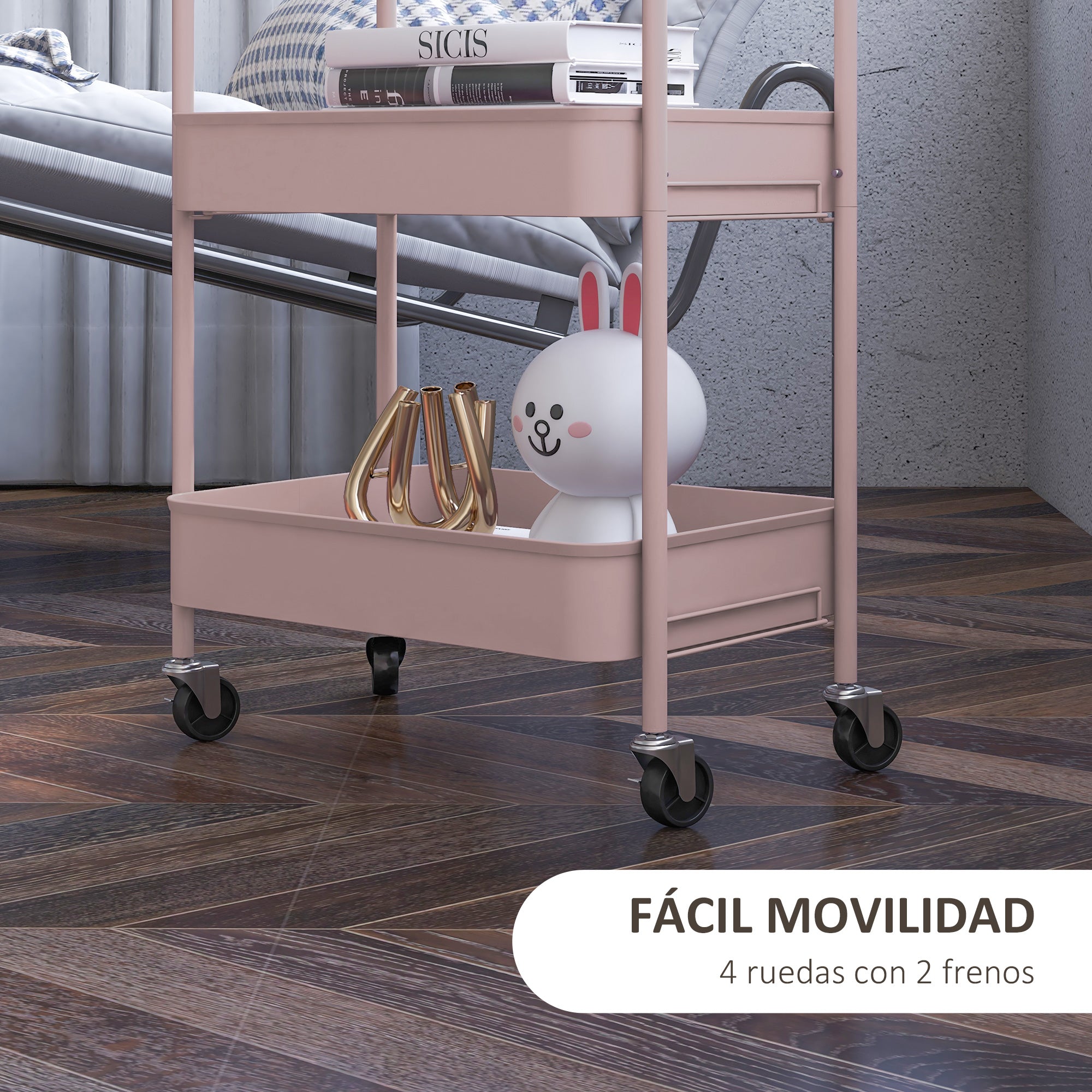 Auxiliary Cart with Wheels Storage Cart with 3 Baskets and Steel Frame for Living Room Bedroom Office Kitchen 17.7"L x 12"W x 31.1"H Pink