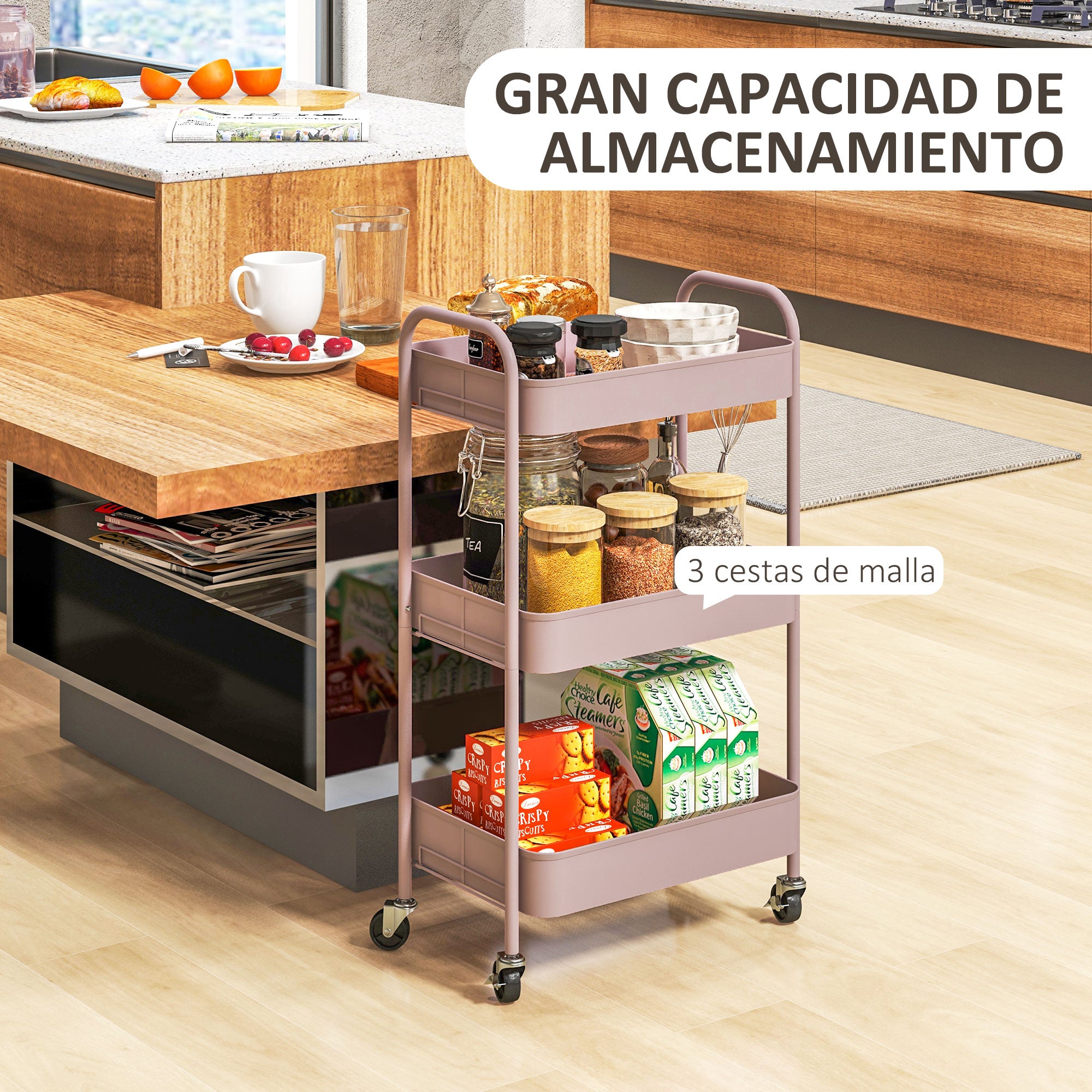 Auxiliary Cart with Wheels Storage Cart with 3 Baskets and Steel Frame for Living Room Bedroom Office Kitchen 17.7"L x 12"W x 31.1"H Pink