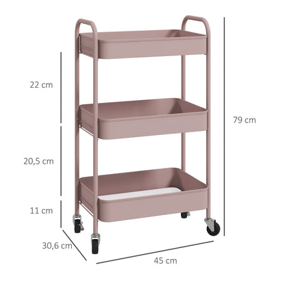 Auxiliary Cart with Wheels Storage Cart with 3 Baskets and Steel Frame for Living Room Bedroom Office Kitchen 17.7"L x 12"W x 31.1"H Pink