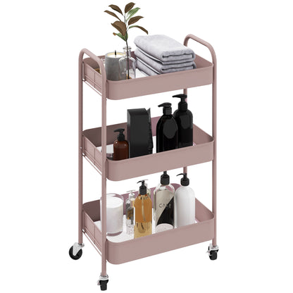 Auxiliary Cart with Wheels Storage Cart with 3 Baskets and Steel Frame for Living Room Bedroom Office Kitchen 17.7"L x 12"W x 31.1"H Pink