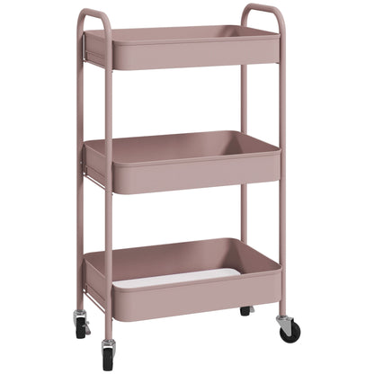 Auxiliary Cart with Wheels Storage Cart with 3 Baskets and Steel Frame for Living Room Bedroom Office Kitchen 17.7"L x 12"W x 31.1"H Pink