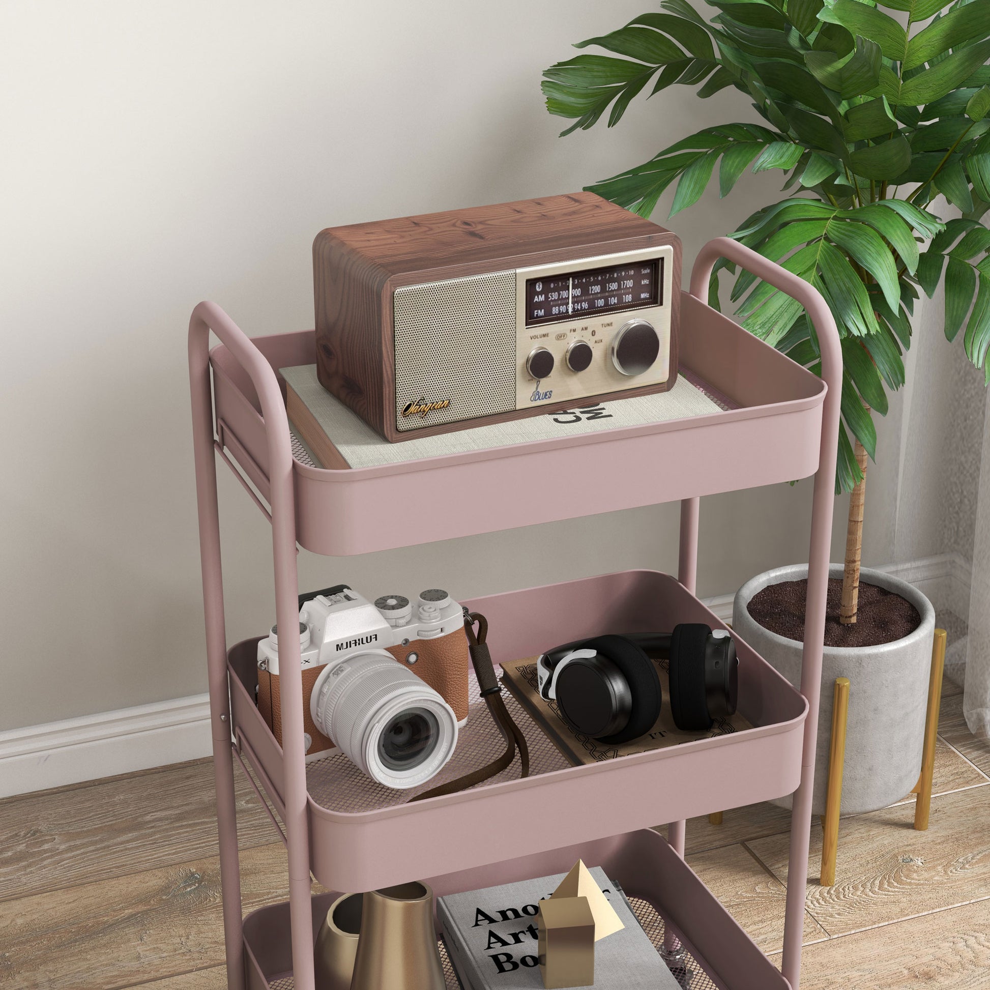 Auxiliary Cart with Wheels Storage Cart with 3 Baskets and Steel Frame for Living Room Bedroom Office Kitchen 17.7"L x 12"W x 31.1"H Pink