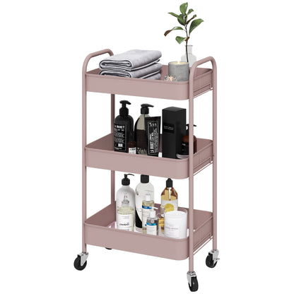 Auxiliary Cart with Wheels Storage Cart with 3 Baskets and Steel Frame for Living Room Bedroom Office Kitchen 17.7"L x 12"W x 31.1"H Pink