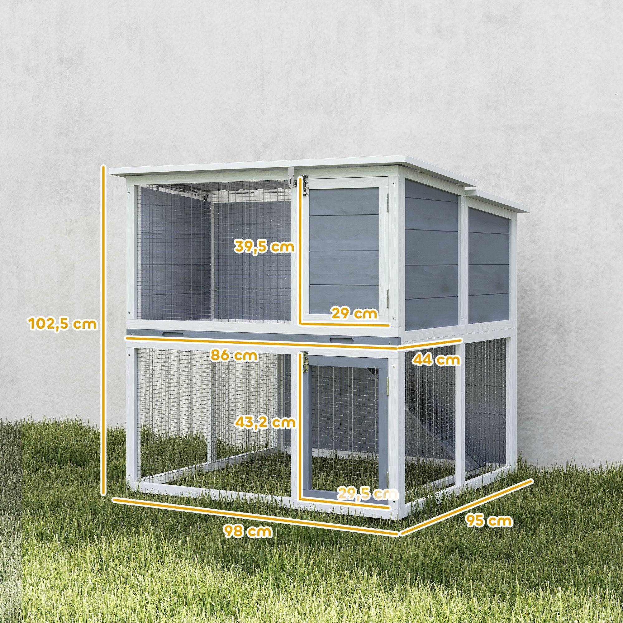2-Tier Wooden Rabbit Hutch with Run, Weatherproof Roof, Ramp & Doors, 98 × 95 × 102.5 cm — Gray