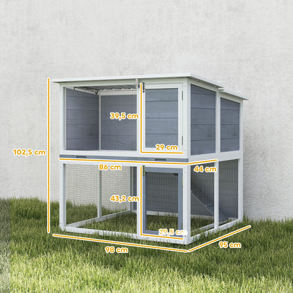 2-Tier Wooden Rabbit Hutch with Run, Weatherproof Roof, Ramp & Doors, 98 × 95 × 102.5 cm — Gray