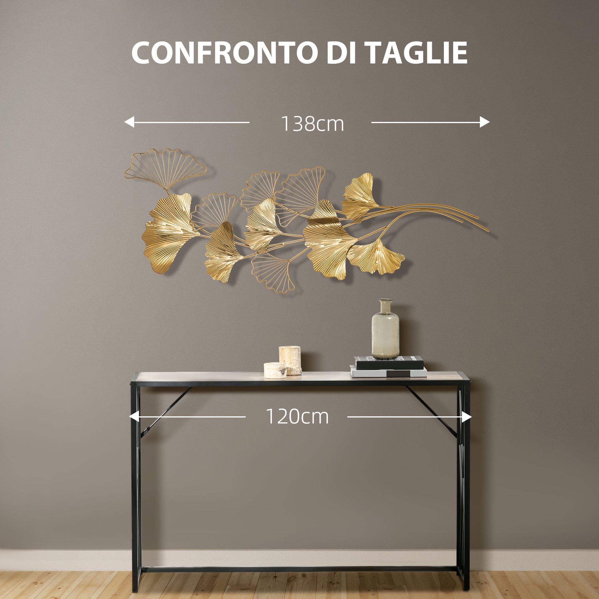 3D Metal Wall Decoration Art, Golden Wall Art with Ginkgo Leaves 138x70cm