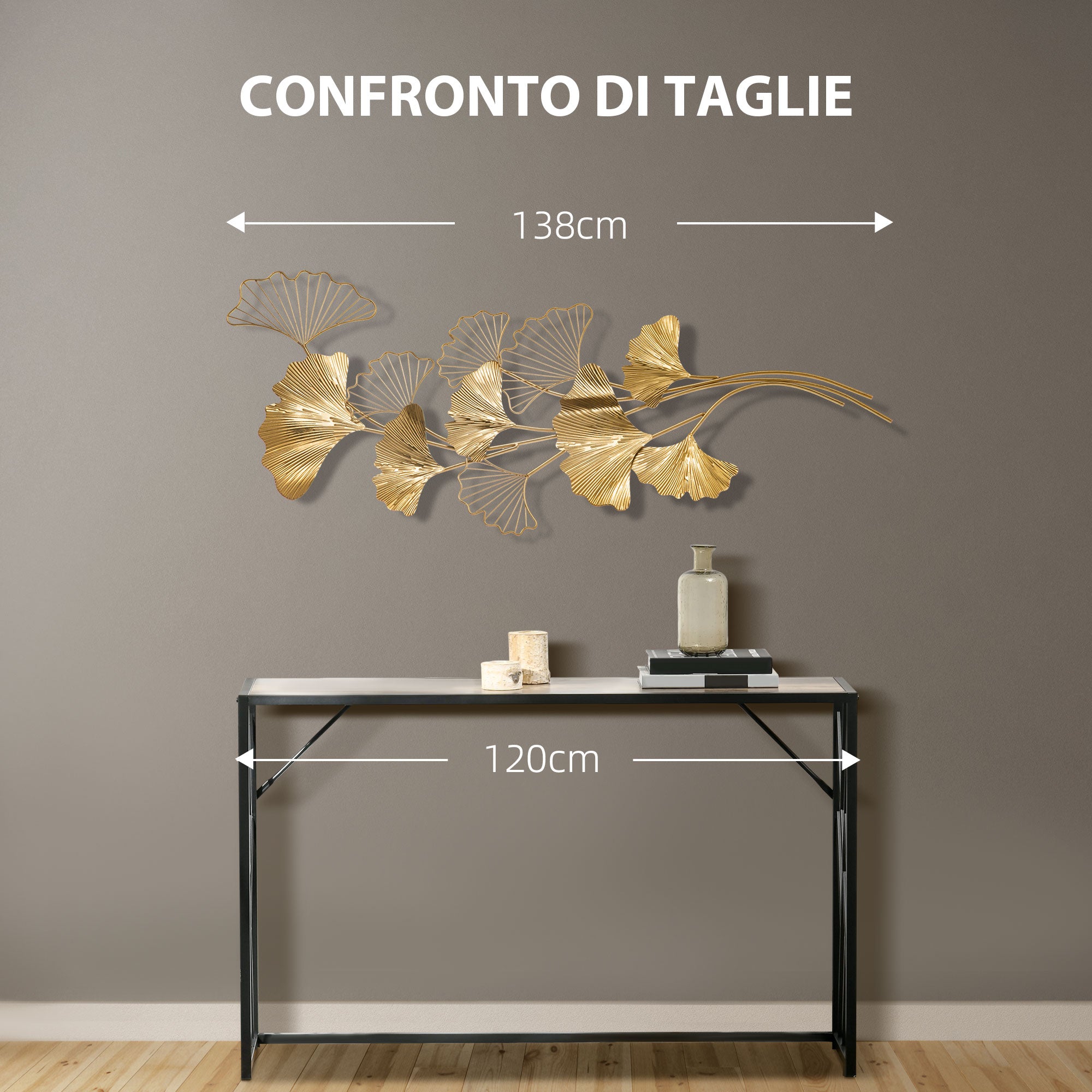 3D Metal Wall Decoration Art, Golden Wall Art with Ginkgo Leaves 138x70cm