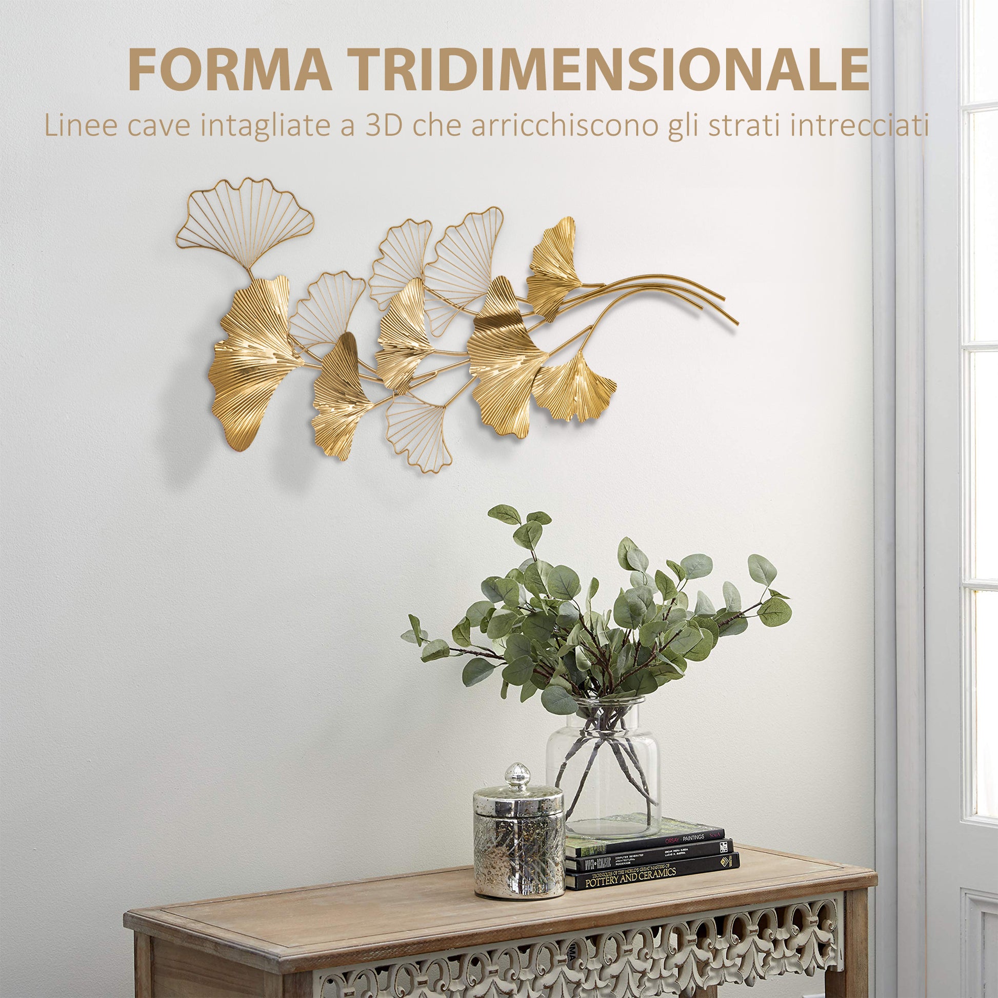 3D Metal Wall Decoration Art, Golden Wall Art with Ginkgo Leaves 138x70cm