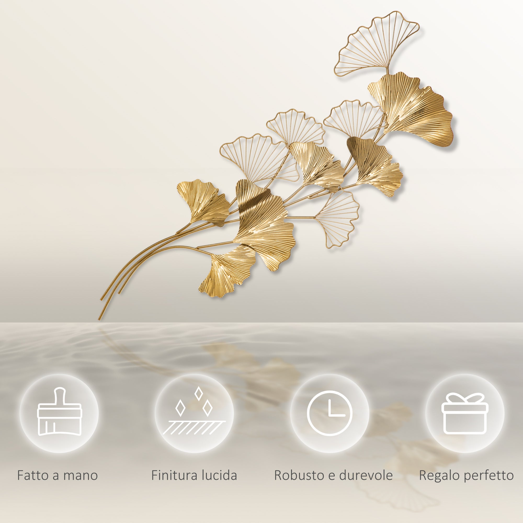 3D Metal Wall Decoration Art, Golden Wall Art with Ginkgo Leaves 138x70cm