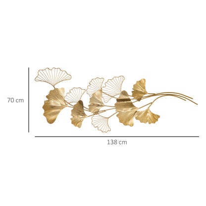 3D Metal Wall Decoration Art, Golden Wall Art with Ginkgo Leaves 138x70cm