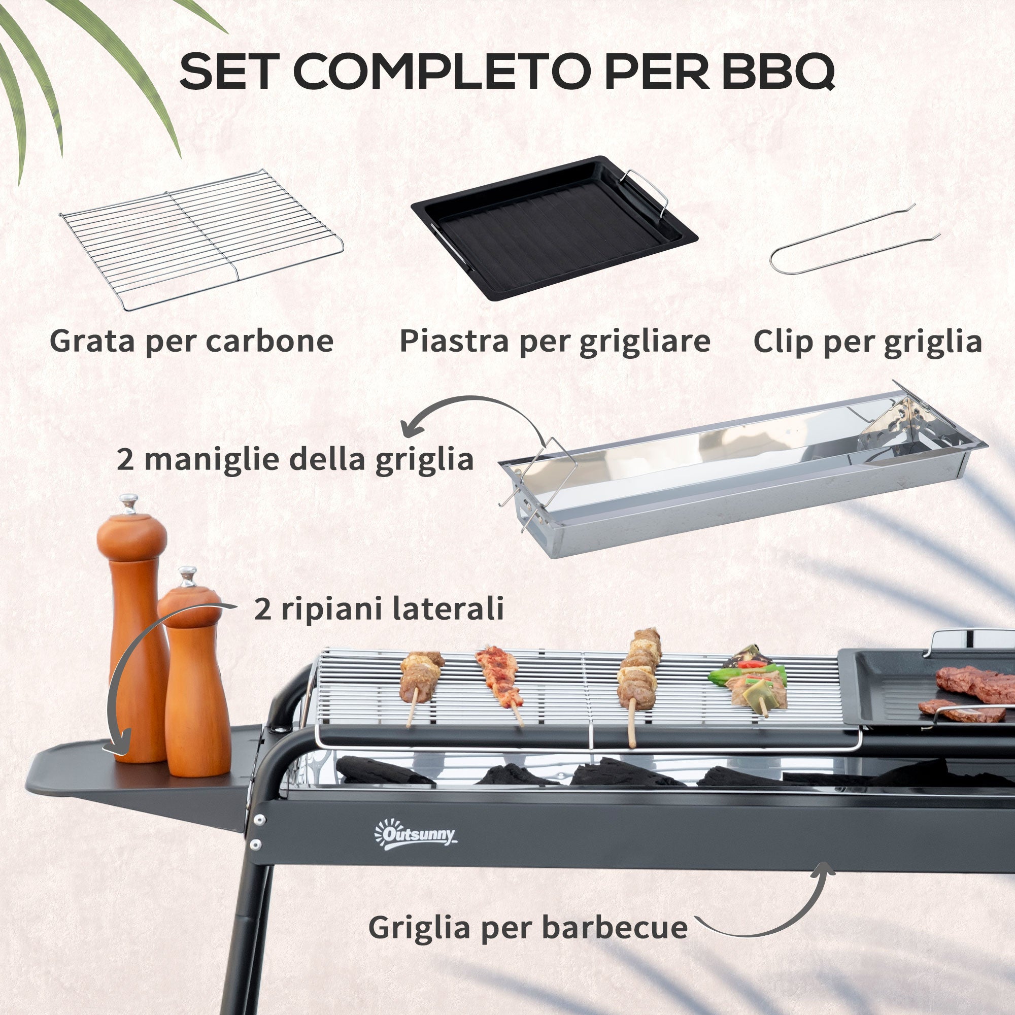Charcoal Barbecue with Grid and Plate, Portable BBQ in Steel with Side Shelves, 113x59x83.5cm, Black