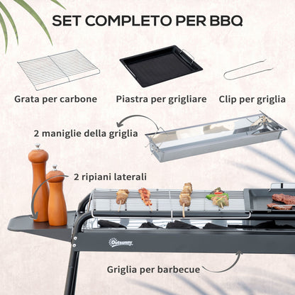 Charcoal Barbecue with Grid and Plate, Portable BBQ in Steel with Side Shelves, 113x59x83.5cm, Black