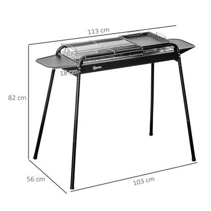 Charcoal Barbecue with Grid and Plate, Portable BBQ in Steel with Side Shelves, 113x59x83.5cm, Black