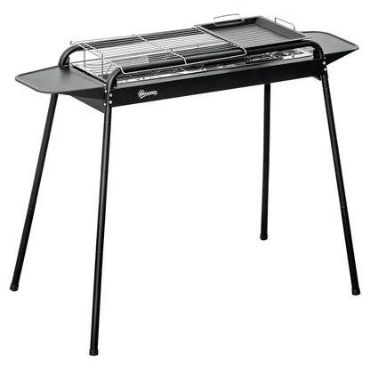 Charcoal Barbecue with Grid and Plate, Portable BBQ in Steel with Side Shelves, 113x59x83.5cm, Black