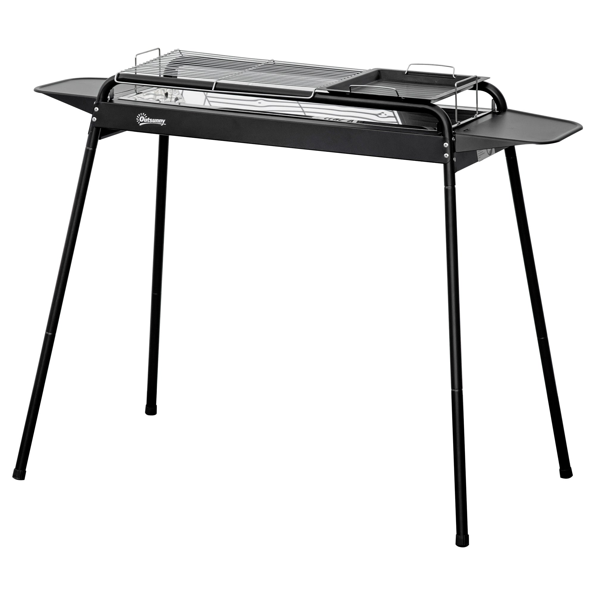 Charcoal Barbecue with Grid and Plate, Portable BBQ in Steel with Side Shelves, 113x59x83.5cm, Black