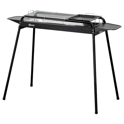 Charcoal Barbecue with Grid and Plate, Portable BBQ in Steel with Side Shelves, 113x59x83.5cm, Black