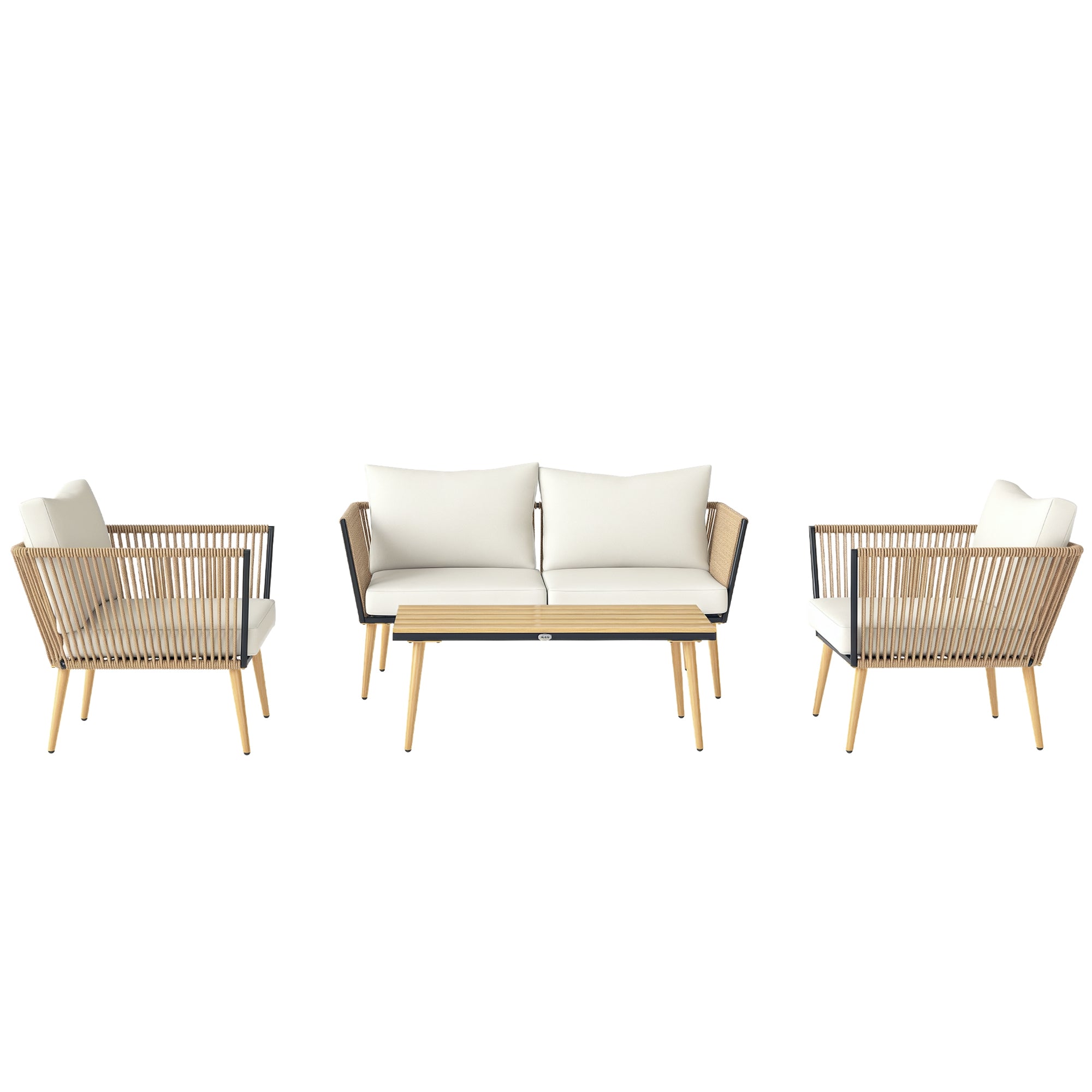 4-Piece Rattan Garden Furniture Set for 4 People with 1 Two-Seater Sofa, 2 Armchairs, and 1 Coffee Table 7 Cream Cushions Included