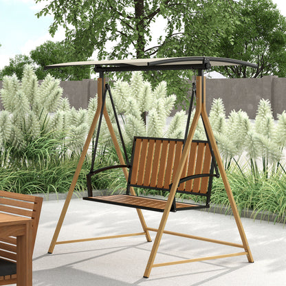 2-Seater Outdoor Garden Swing Wood Grain Patio Swing with Adjustable Canopy and Metal Frame Load 240 kg 142x112x162 cm Natural and Beige