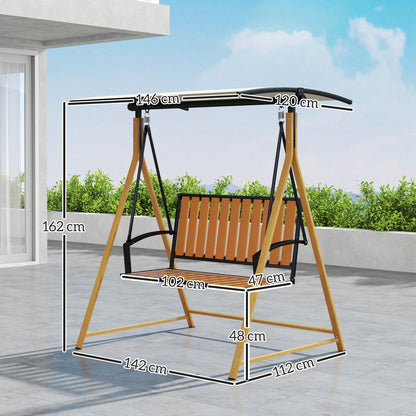 2-Seater Outdoor Garden Swing Wood Grain Patio Swing with Adjustable Canopy and Metal Frame Load 240 kg 142x112x162 cm Natural and Beige