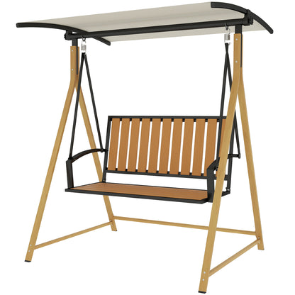 2-Seater Outdoor Garden Swing Wood Grain Patio Swing with Adjustable Canopy and Metal Frame Load 240 kg 142x112x162 cm Natural and Beige