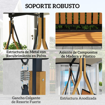 2-Seater Outdoor Garden Swing Wood Grain Patio Swing with Adjustable Canopy and Metal Frame Load 240 kg 142x112x162 cm Natural and Beige